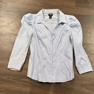 H&M Light Blue White Striped Puff Sleeve Button Shirt Blouse Medium